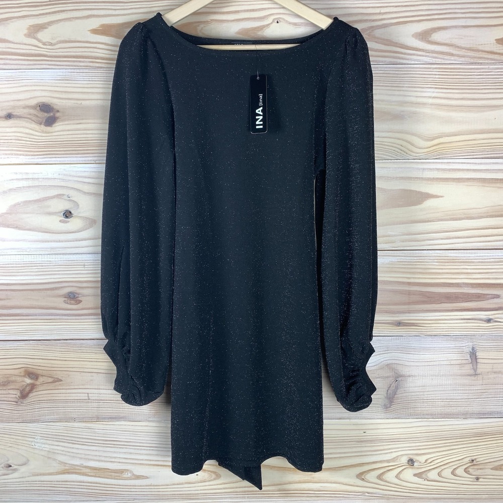 INA (i:na) Dress Medium Balloon Sleeve Black Sparkle Mini Occasion Cocktail NWT